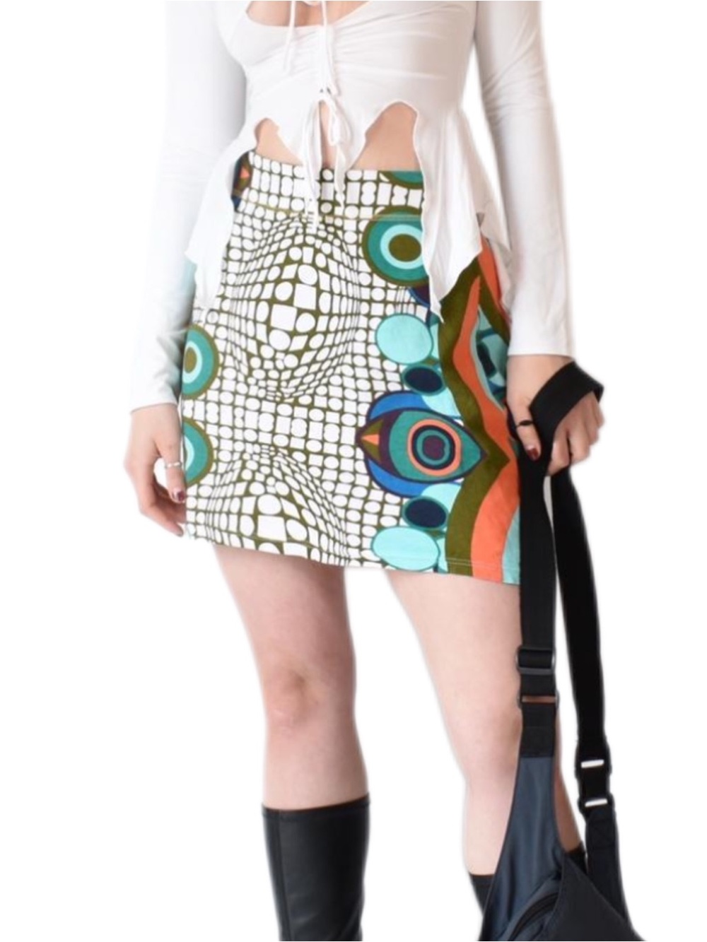 Desigual Mini Skirt in White, Teal & Olive with Orange Accents